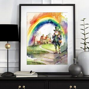 St. Patricks Day Leprechaun Rainbow Lucky Irish Watercolor Oil‎ Painting Print